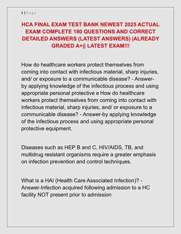 HCA FINAL EXAM TEST BANK NEWEST 2025 ACTUAL EXAM COMPLETE 180 QUESTIONS AND CORRECT DETAILED ANSWERS