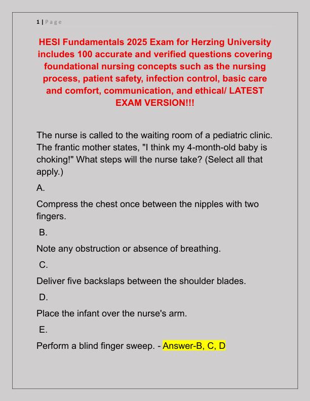 HESI Fundamentals 2025 Exam for Herzing University includes 100 accurate and verified questions covering foundational nursing concepts such as the nursing process