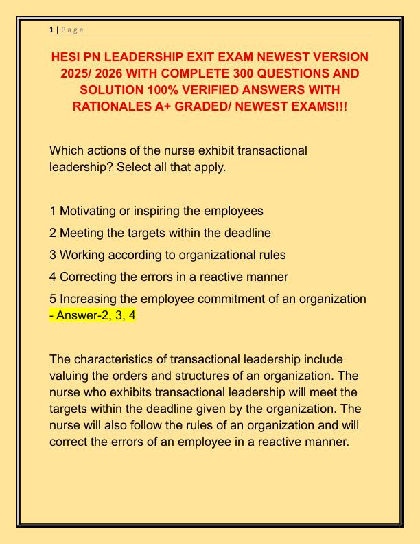 HESI PN LEADERSHIP EXIT EXAM NEWEST VERSION 2025