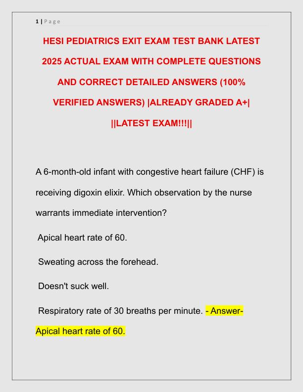 HESI PEDIATRICS EXIT EXAM TEST BANK LATEST 2025 ACTUAL EXAM WITH COMPLETE QUESTIONS AND CORRECT DETAILED ANSWERS