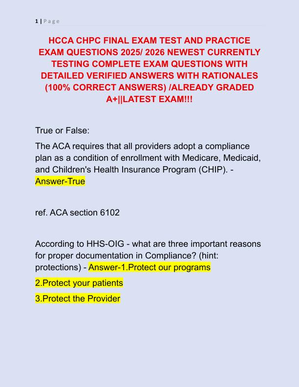 HCCA CHPC FINAL EXAM TEST AND PRACTICE EXAM QUESTIONS 2025