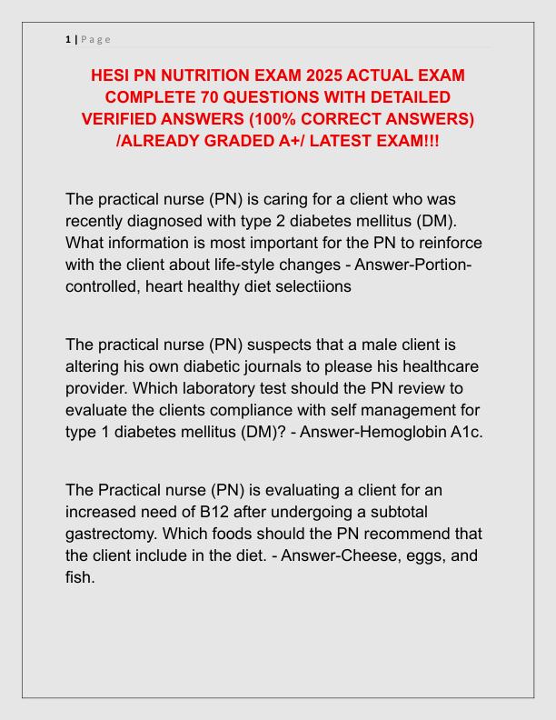 HESI PN NUTRITION EXAM 2025 ACTUAL EXAM COMPLETE 70 QUESTIONS WITH DETAILED VERIFIED ANSWERS