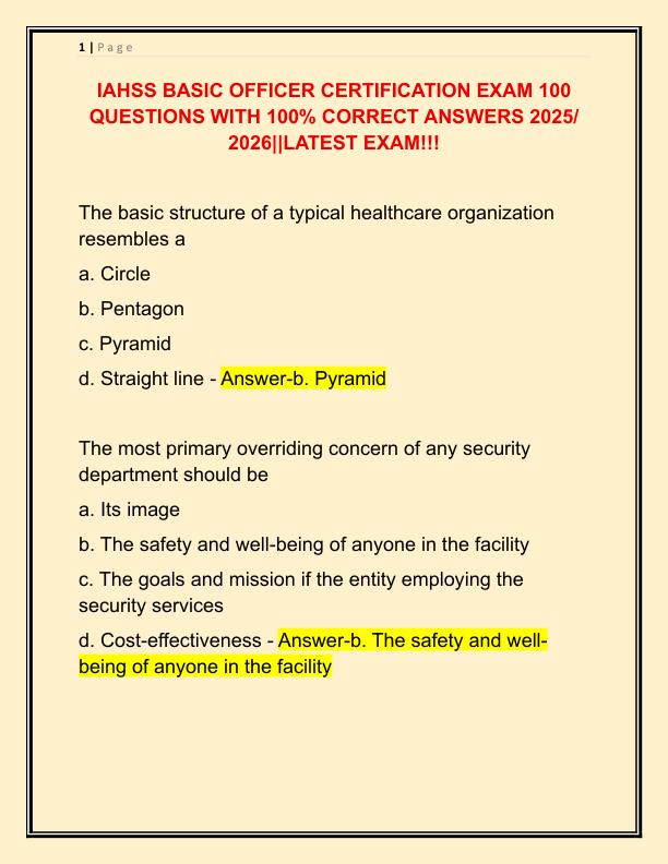 IAHSS BASIC OFFICER CERTIFICATION EXAM 100 QUESTIONS WITH 100