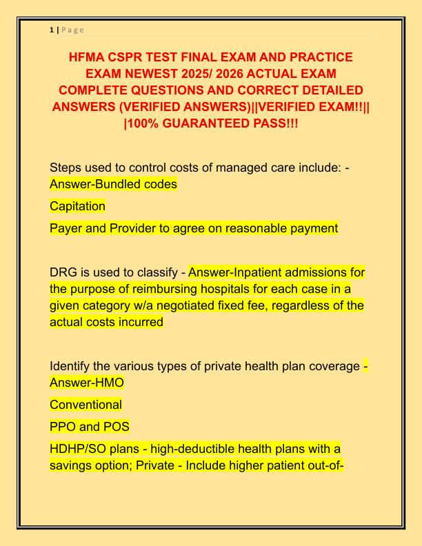 HFMA CSPR TEST FINAL EXAM AND PRACTICE EXAM NEWEST 2025