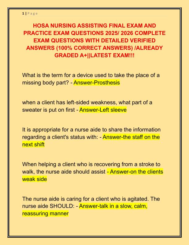 HOSA NURSING ASSISTING FINAL EXAM AND PRACTICE EXAM QUESTIONS 2025