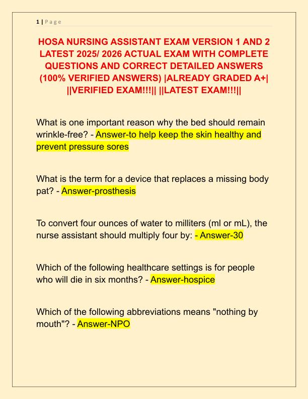 HOSA NURSING ASSISTANT EXAM VERSION 1 AND 2 LATEST 2025