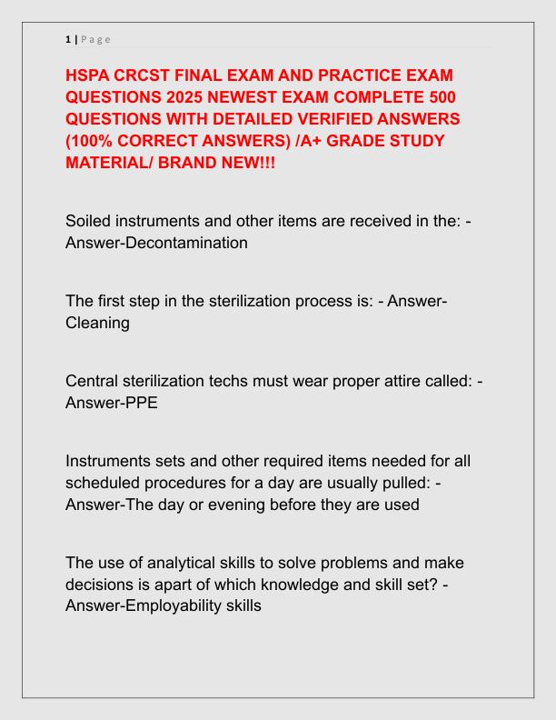 HSPA CRCST FINAL EXAM AND PRACTICE EXAM QUESTIONS 2025 NEWEST EXAM COMPLETE 500 QUESTIONS WITH DETAILED VERIFIED ANSWERS