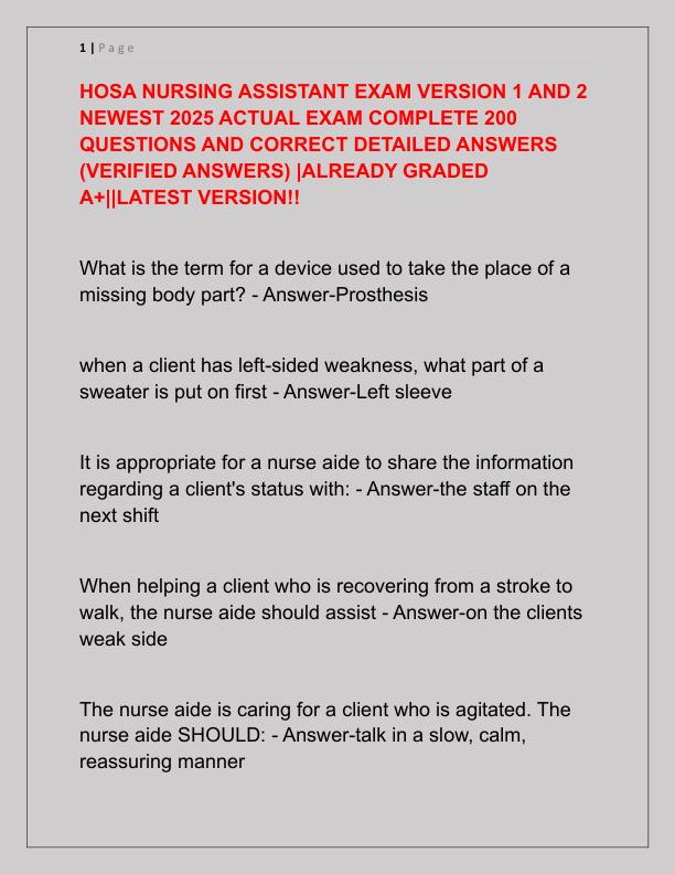 HOSA NURSING ASSISTANT EXAM VERSION 1 AND 2 NEWEST 2025 ACTUAL EXAM COMPLETE 200 QUESTIONS AND CORRECT DETAILED ANSWERS
