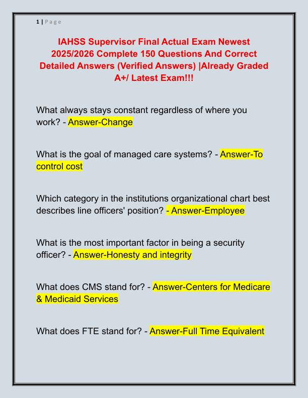 IAHSS Supervisor Final Actual Exam Newest 2025