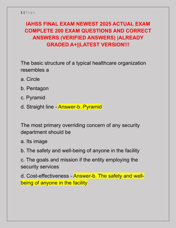 IAHSS FINAL EXAM NEWEST 2025 ACTUAL EXAM COMPLETE 200 EXAM QUESTIONS AND CORRECT ANSWERS