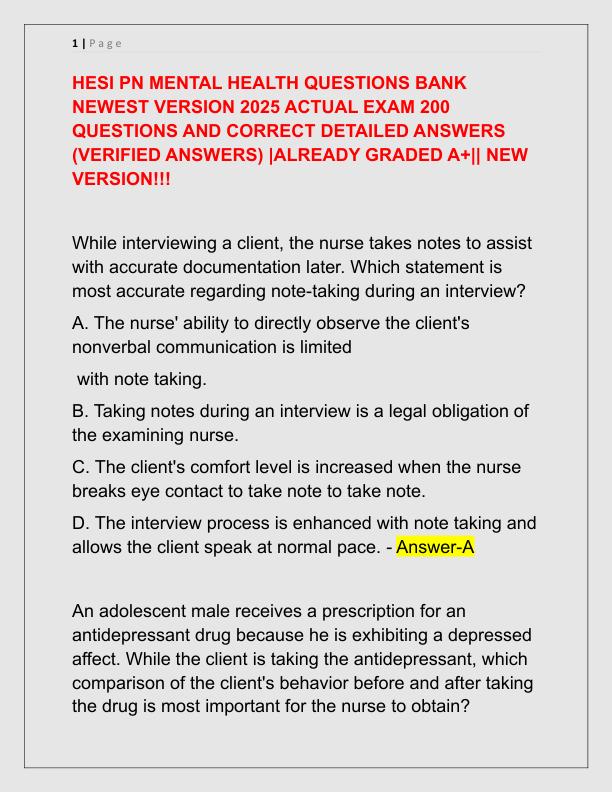 HESI PN MENTAL HEALTH QUESTIONS BANK NEWEST VERSION 2025 ACTUAL EXAM 200 QUESTIONS AND CORRECT DETAILED ANSWERS