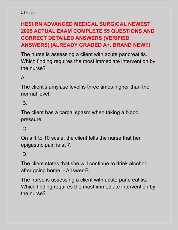 HESI RN ADVANCED MEDICAL SURGICAL NEWEST 2025 ACTUAL EXAM COMPLETE 55 QUESTIONS AND CORRECT DETAILED ANSWERS