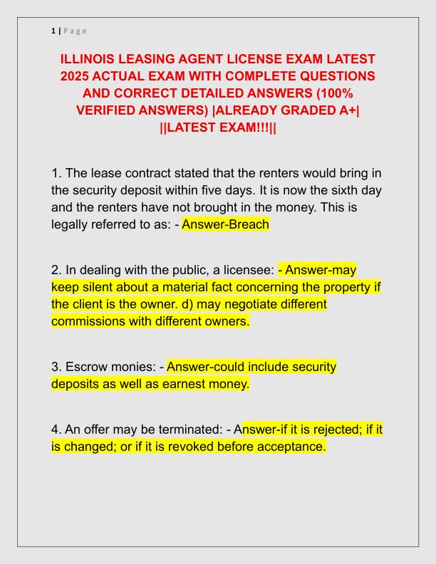 ILLINOIS LEASING AGENT LICENSE EXAM LATEST 2025 ACTUAL EXAM WITH COMPLETE QUESTIONS AND CORRECT DETAILED ANSWERS