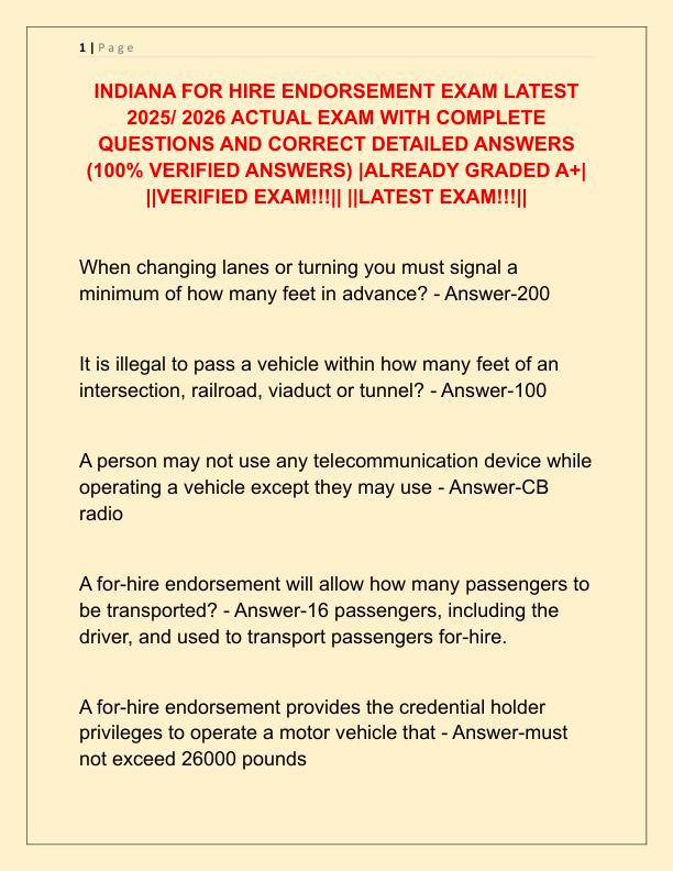 INDIANA FOR HIRE ENDORSEMENT EXAM LATEST 2025