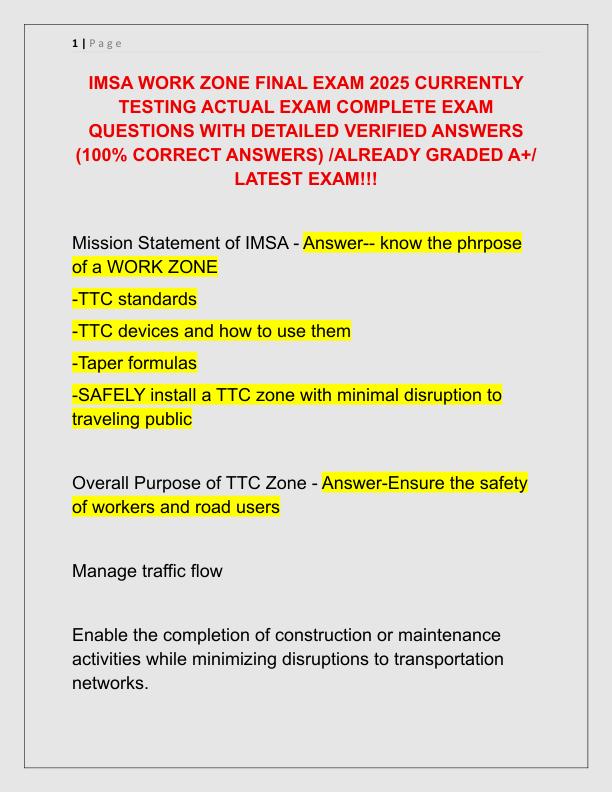 IMSA WORK ZONE FINAL EXAM 2025 CURRENTLY TESTING ACTUAL EXAM COMPLETE EXAM QUESTIONS WITH DETAILED VERIFIED ANSWERS