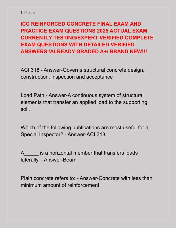 ICC REINFORCED CONCRETE FINAL EXAM AND PRACTICE EXAM QUESTIONS 2025 ACTUAL EXAM CURRENTLY TESTING