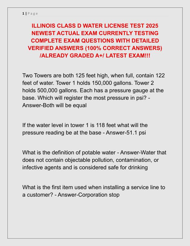 ILLINOIS CLASS D WATER LICENSE TEST 2025 NEWEST ACTUAL EXAM CURRENTLY TESTING COMPLETE EXAM QUESTIONS WITH DETAILED VERIFIED ANSWERS