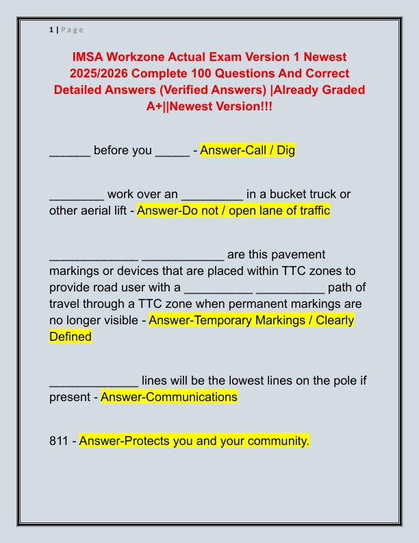 IMSA Workzone Actual Exam Version 1 Newest 2025