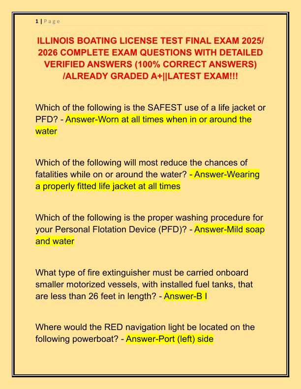 ILLINOIS BOATING LICENSE TEST FINAL EXAM 2025