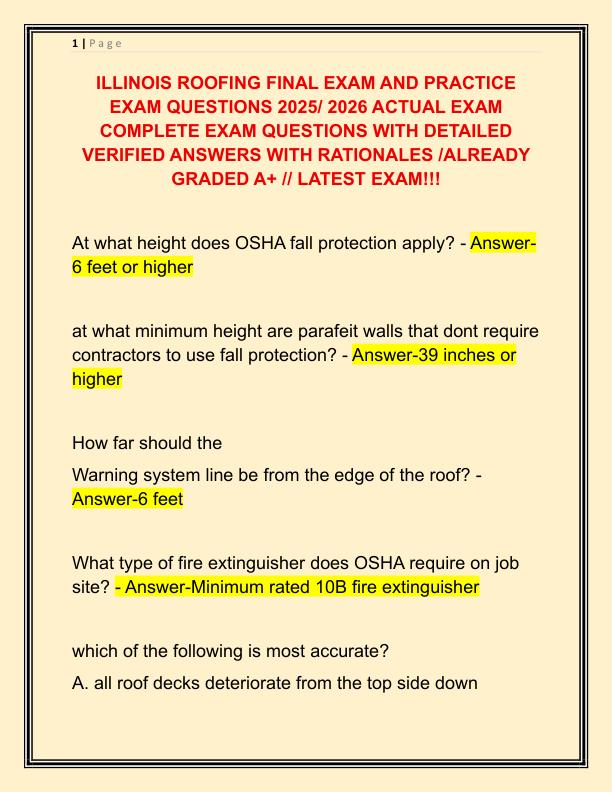 ILLINOIS ROOFING FINAL EXAM AND PRACTICE EXAM QUESTIONS 2025