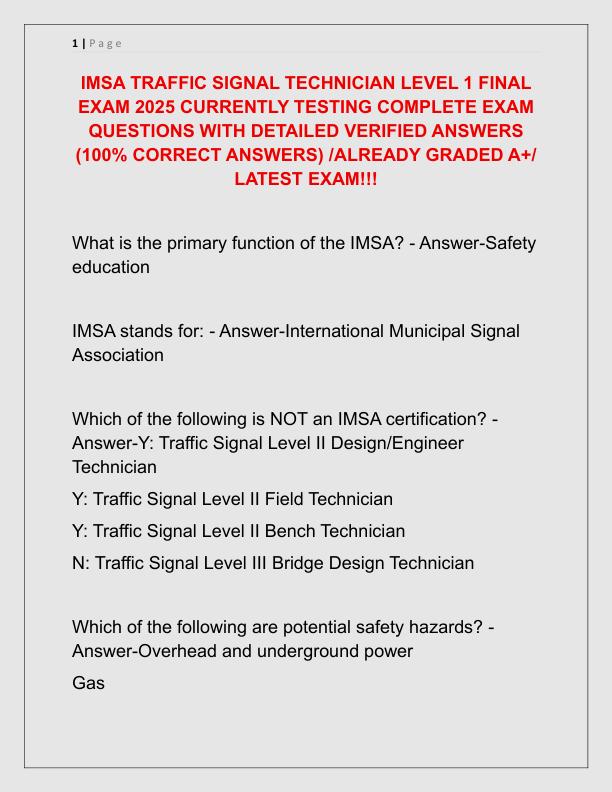 IMSA TRAFFIC SIGNAL TECHNICIAN LEVEL 1 FINAL EXAM 2025 CURRENTLY TESTING COMPLETE EXAM QUESTIONS WITH DETAILED VERIFIED ANSWERS