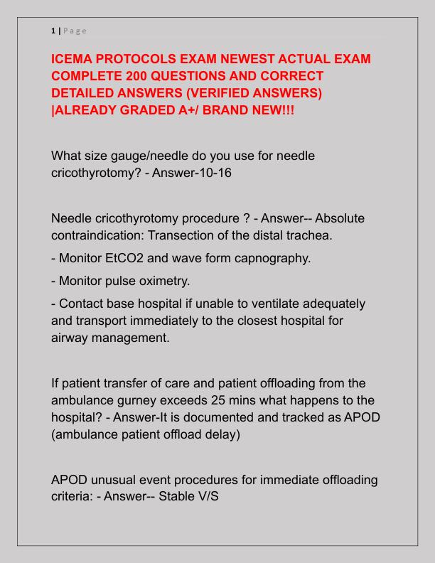 ICEMA PROTOCOLS EXAM NEWEST ACTUAL EXAM COMPLETE 200 QUESTIONS AND CORRECT DETAILED ANSWERS
