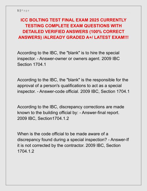ICC BOLTING TEST FINAL EXAM 2025 CURRENTLY TESTING COMPLETE EXAM QUESTIONS WITH DETAILED VERIFIED ANSWERS