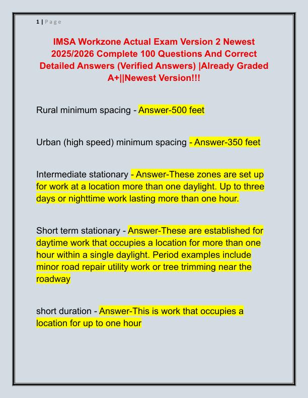 IMSA Workzone Actual Exam Version 2 Newest 2025