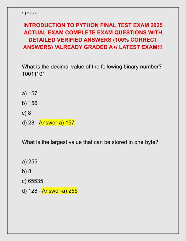 INTRODUCTION TO PYTHON FINAL TEST EXAM 2025 ACTUAL EXAM COMPLETE EXAM QUESTIONS WITH DETAILED VERIFIED ANSWERS