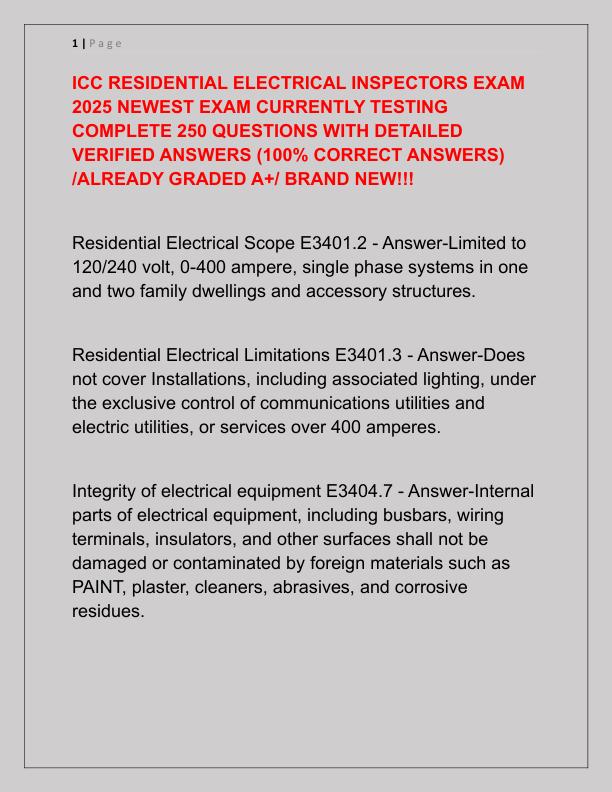 ICC RESIDENTIAL ELECTRICAL INSPECTORS EXAM 2025 NEWEST EXAM CURRENTLY TESTING COMPLETE 250 QUESTIONS WITH DETAILED VERIFIED ANSWERS