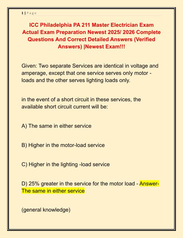 ICC Philadelphia PA 211 Master Electrician Exam Actual Exam Preparation Newest 2025