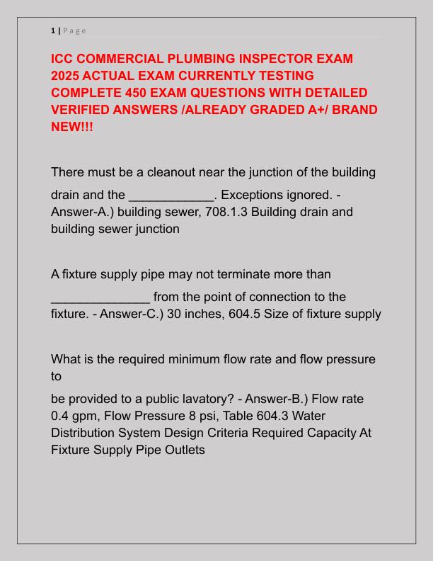 ICC COMMERCIAL PLUMBING INSPECTOR EXAM 2025 ACTUAL EXAM CURRENTLY TESTING COMPLETE 450 EXAM QUESTIONS WITH DETAILED VERIFIED ANSWERS