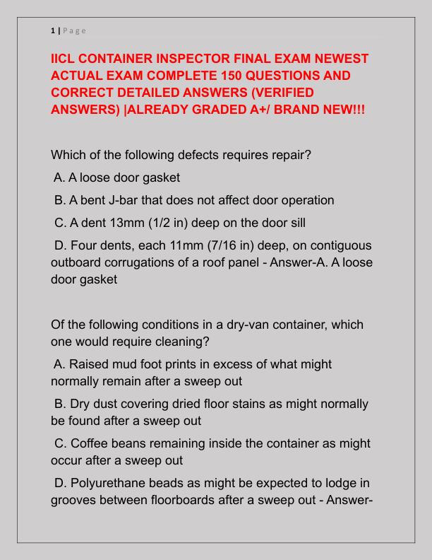 IICL CONTAINER INSPECTOR FINAL EXAM NEWEST ACTUAL EXAM COMPLETE 150 QUESTIONS AND CORRECT DETAILED ANSWERS