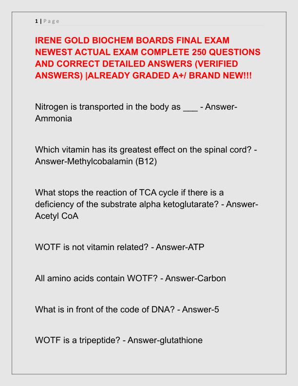 IRENE GOLD BIOCHEM BOARDS FINAL EXAM NEWEST ACTUAL EXAM COMPLETE 250 QUESTIONS AND CORRECT DETAILED ANSWERS