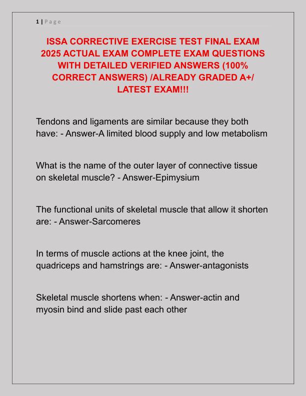 ISSA CORRECTIVE EXERCISE TEST FINAL EXAM 2025 ACTUAL EXAM COMPLETE EXAM QUESTIONS WITH DETAILED VERIFIED ANSWERS