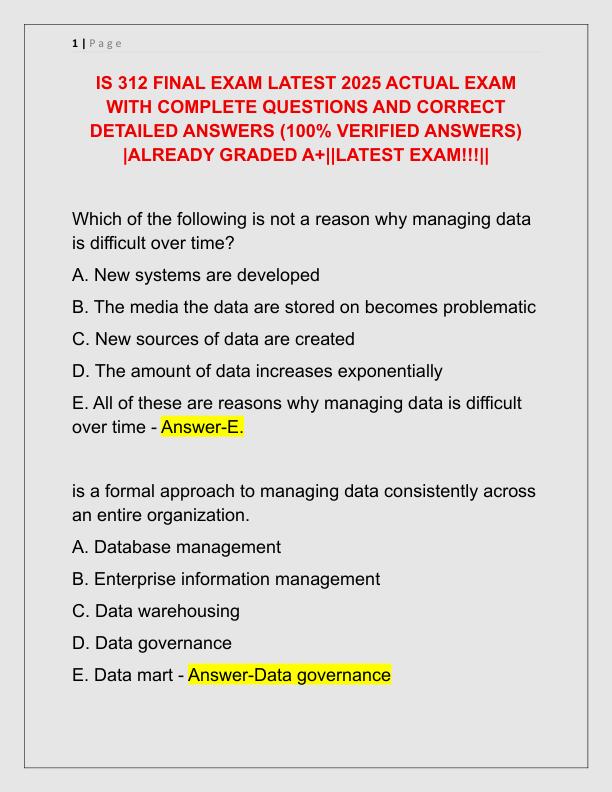 IS 312 FINAL EXAM LATEST 2025 ACTUAL EXAM WITH COMPLETE QUESTIONS AND CORRECT DETAILED ANSWERS