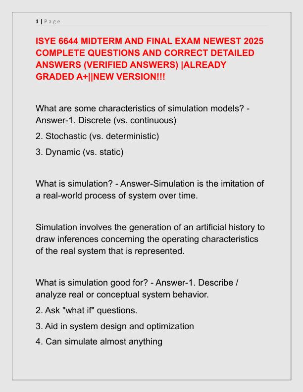 ISYE 6644 MIDTERM AND FINAL EXAM NEWEST 2025 COMPLETE QUESTIONS AND CORRECT DETAILED ANSWERS