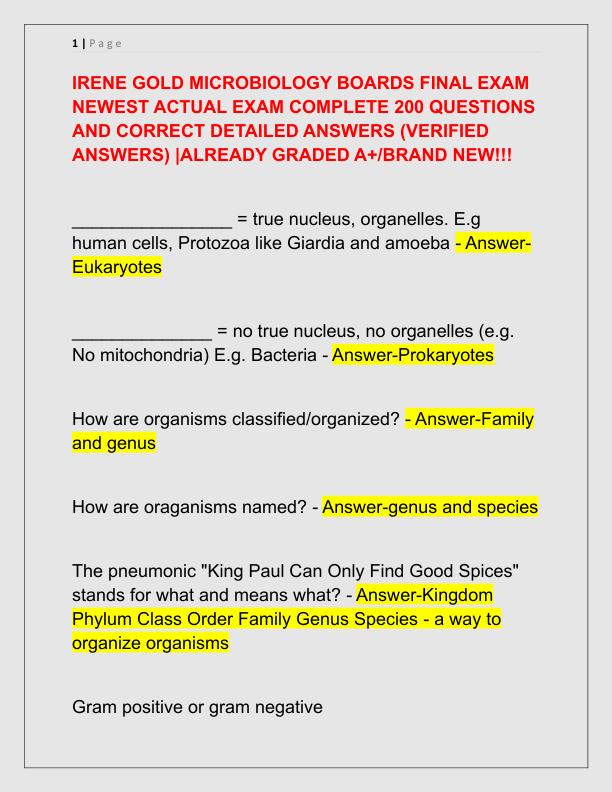 IRENE GOLD MICROBIOLOGY BOARDS FINAL EXAM NEWEST ACTUAL EXAM COMPLETE 200 QUESTIONS AND CORRECT DETAILED ANSWERS
