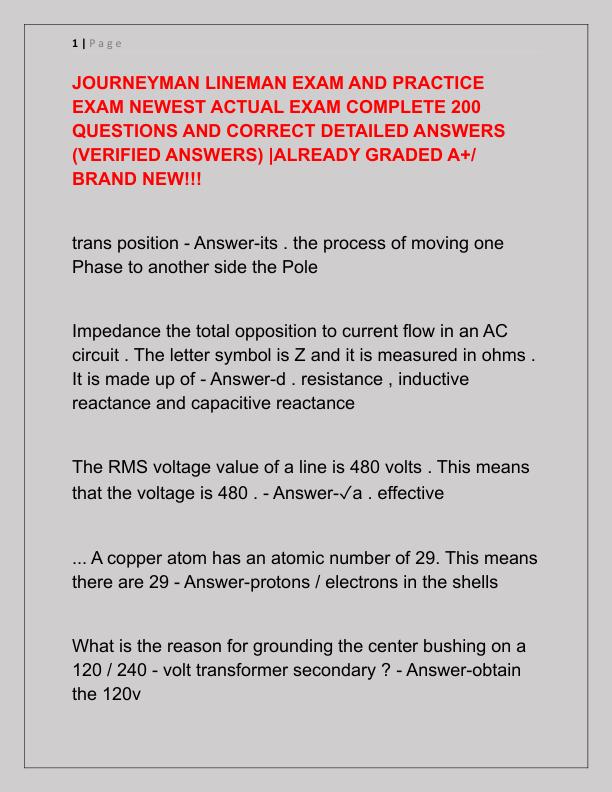 JOURNEYMAN LINEMAN EXAM AND PRACTICE EXAM NEWEST ACTUAL EXAM COMPLETE 200 QUESTIONS AND CORRECT DETAILED ANSWERS