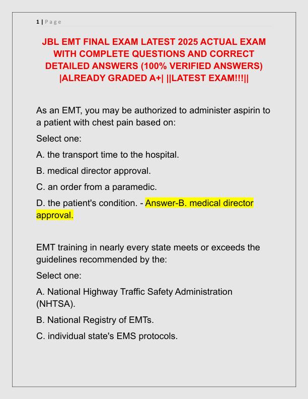 JBL EMT FINAL EXAM LATEST 2025 ACTUAL EXAM WITH COMPLETE QUESTIONS AND CORRECT DETAILED ANSWERS