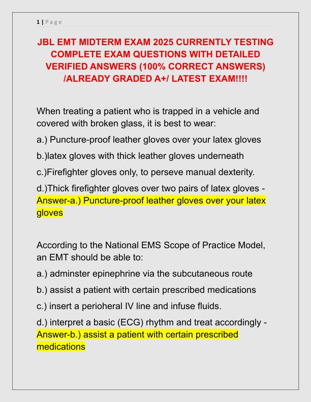 JBL EMT MIDTERM EXAM 2025 CURRENTLY TESTING COMPLETE EXAM QUESTIONS WITH DETAILED VERIFIED ANSWERS