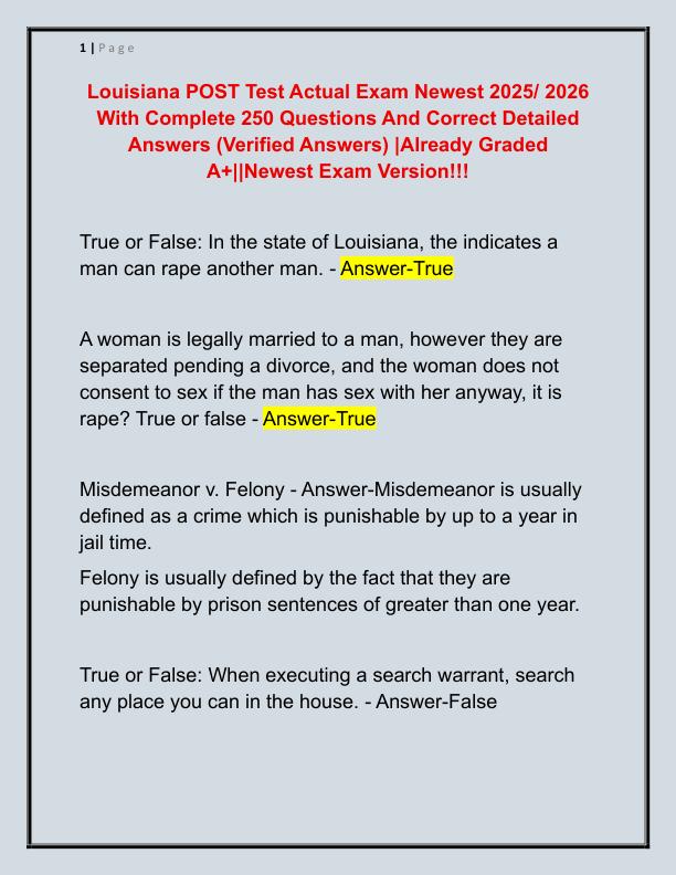 Louisiana POST Test Actual Exam Newest 2025