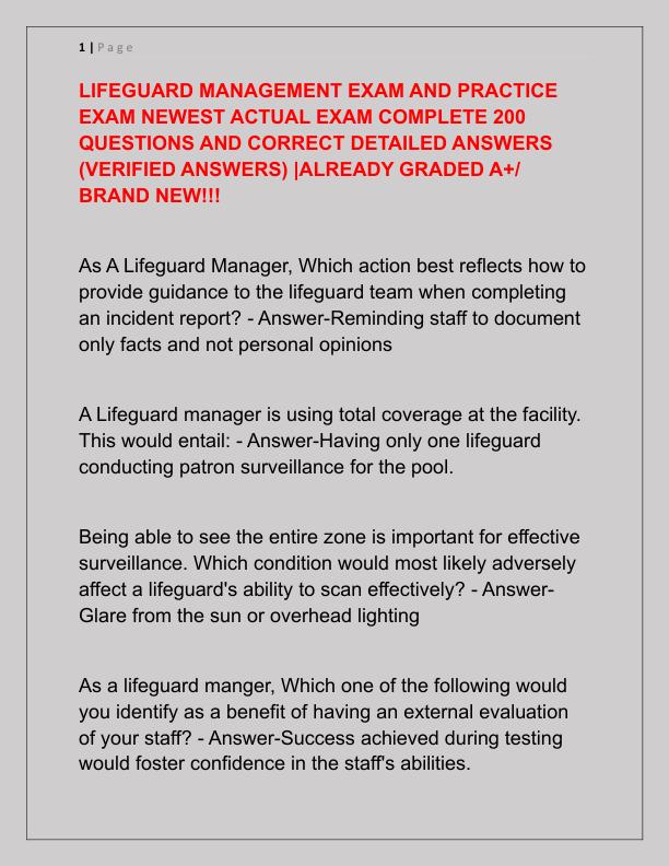 LIFEGUARD MANAGEMENT EXAM AND PRACTICE EXAM NEWEST ACTUAL EXAM COMPLETE 200 QUESTIONS AND CORRECT DETAILED ANSWERS