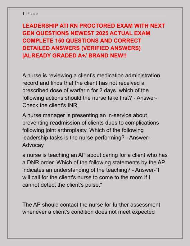 LEADERSHIP ATI RN PROCTORED EXAM WITH NEXT GEN QUESTIONS NEWEST 2025 ACTUAL EXAM COMPLETE 150 QUESTIONS AND CORRECT DETAILED ANSWERS