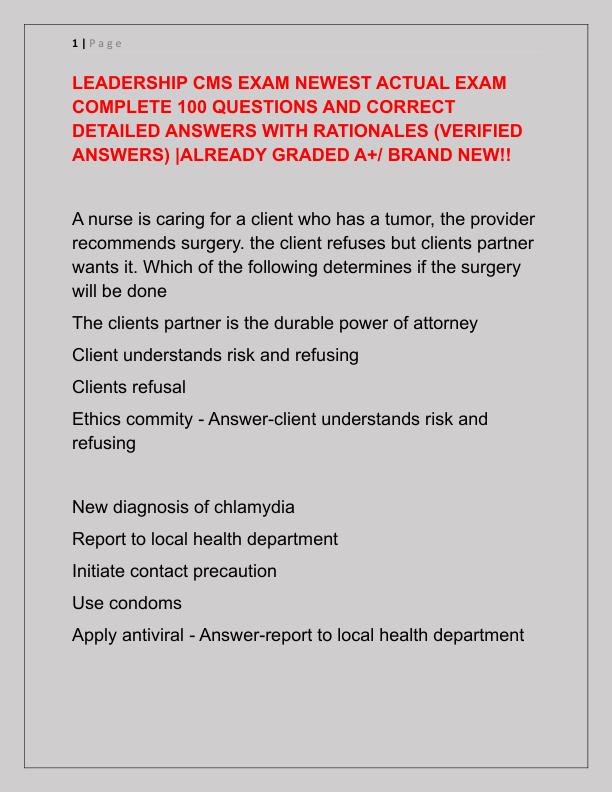 LEADERSHIP CMS EXAM NEWEST ACTUAL EXAM COMPLETE 100 QUESTIONS AND CORRECT DETAILED ANSWERS WITH RATIONALES