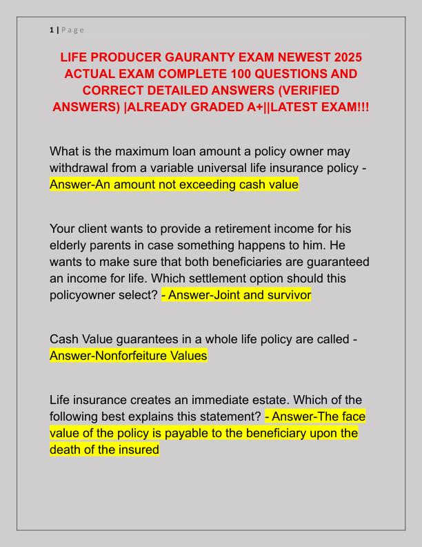 LIFE PRODUCER GAURANTY EXAM NEWEST 2025 ACTUAL EXAM COMPLETE 100 QUESTIONS AND CORRECT DETAILED ANSWERS