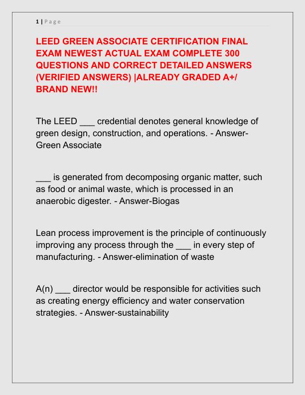 LEED GREEN ASSOCIATE CERTIFICATION FINAL EXAM NEWEST ACTUAL EXAM COMPLETE 300 QUESTIONS AND CORRECT DETAILED ANSWERS
