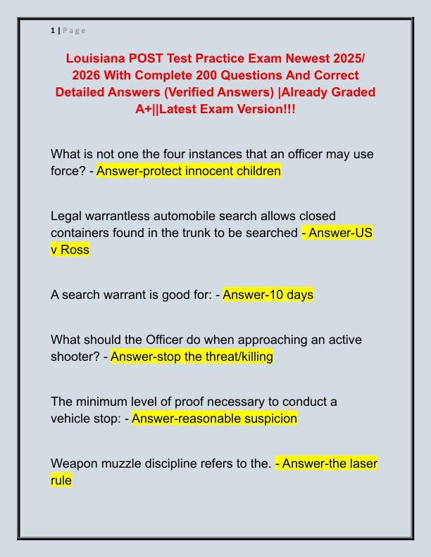 Louisiana POST Test Practice Exam Newest 2025