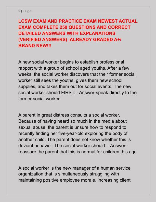 LCSW EXAM AND PRACTICE EXAM NEWEST ACTUAL EXAM COMPLETE 250 QUESTIONS AND CORRECT DETAILED ANSWERS WITH EXPLANATIONS