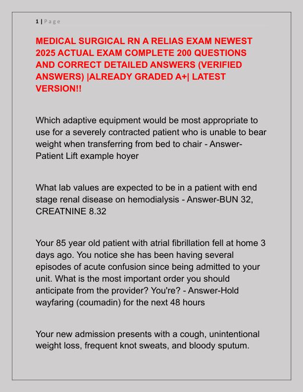 MEDICAL SURGICAL RN A RELIAS EXAM NEWEST 2025 ACTUAL EXAM COMPLETE 200 QUESTIONS AND CORRECT DETAILED ANSWERS